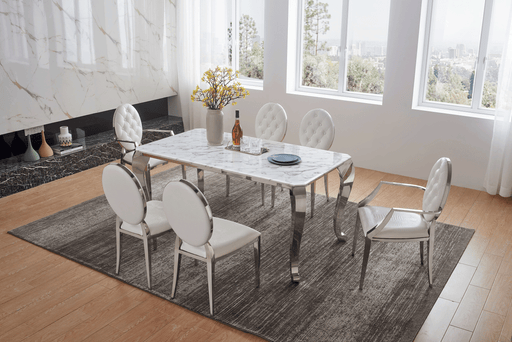 110 Marble Dining Table With 110 White Chairs Set - Gate Furniture