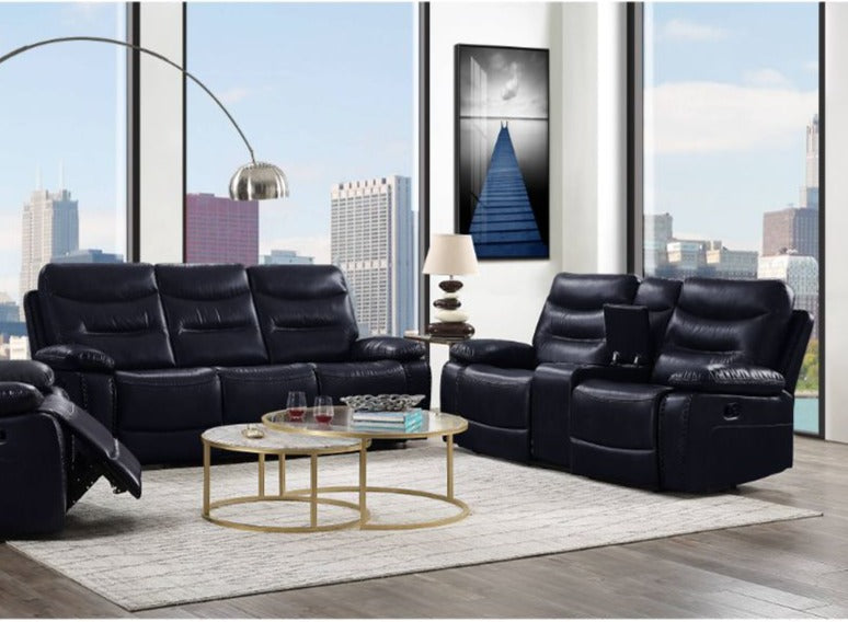 Aashi Navy Leather Reclining Living Room Set