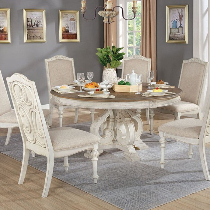 ARCADIA Antique White Round Dining Room Set