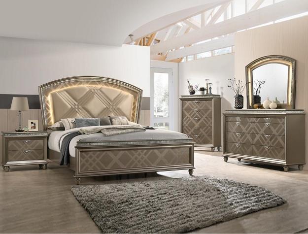 Cristal Gold LED Queen Panel Bed - Gate Furniture
