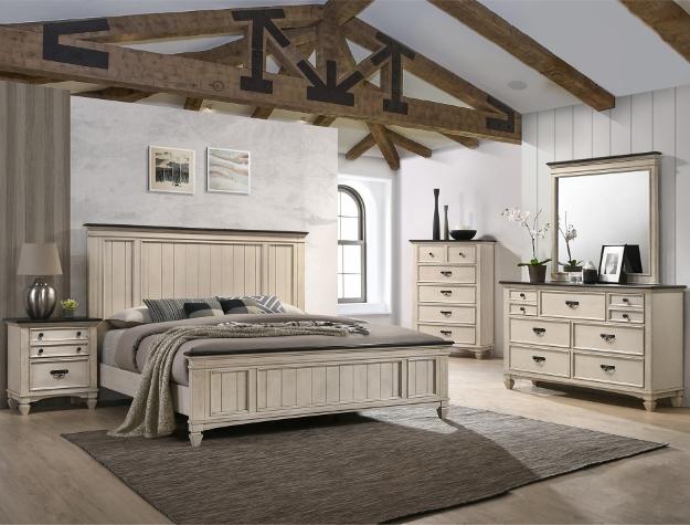 Sawyer Antique White-Brown Queen Panel Bed - Gate Furniture
